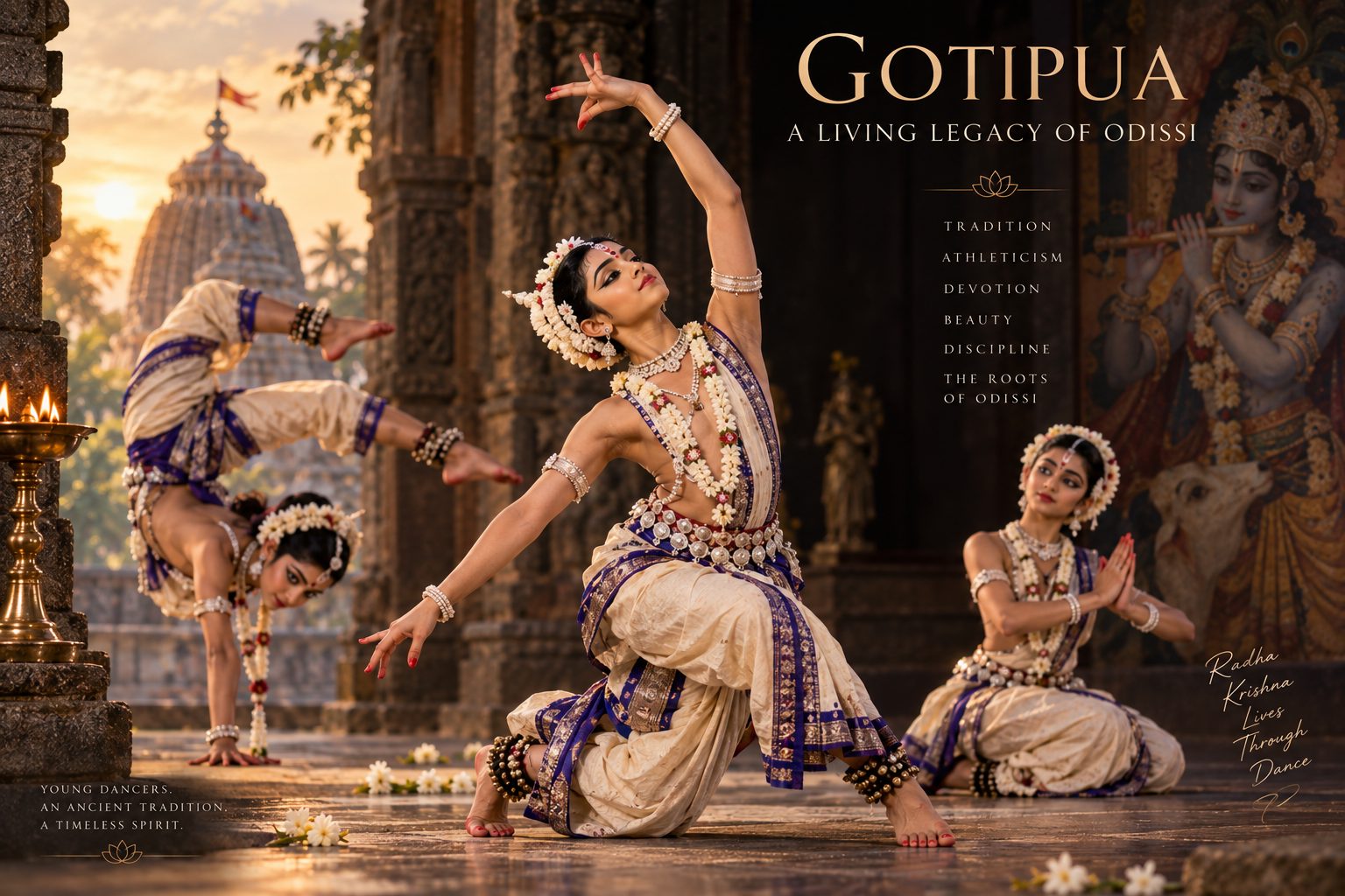 Gotipua dancers in traditional costume performing acrobatic and devotional poses in a temple courtyard